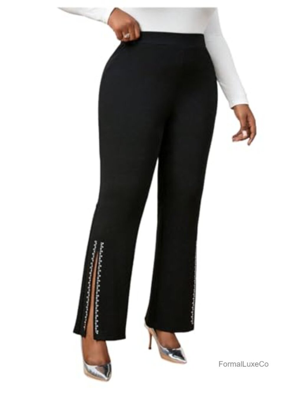 Plus Size Flare Pants High Waisted Rhinestone Split Side Bootcut Trousers